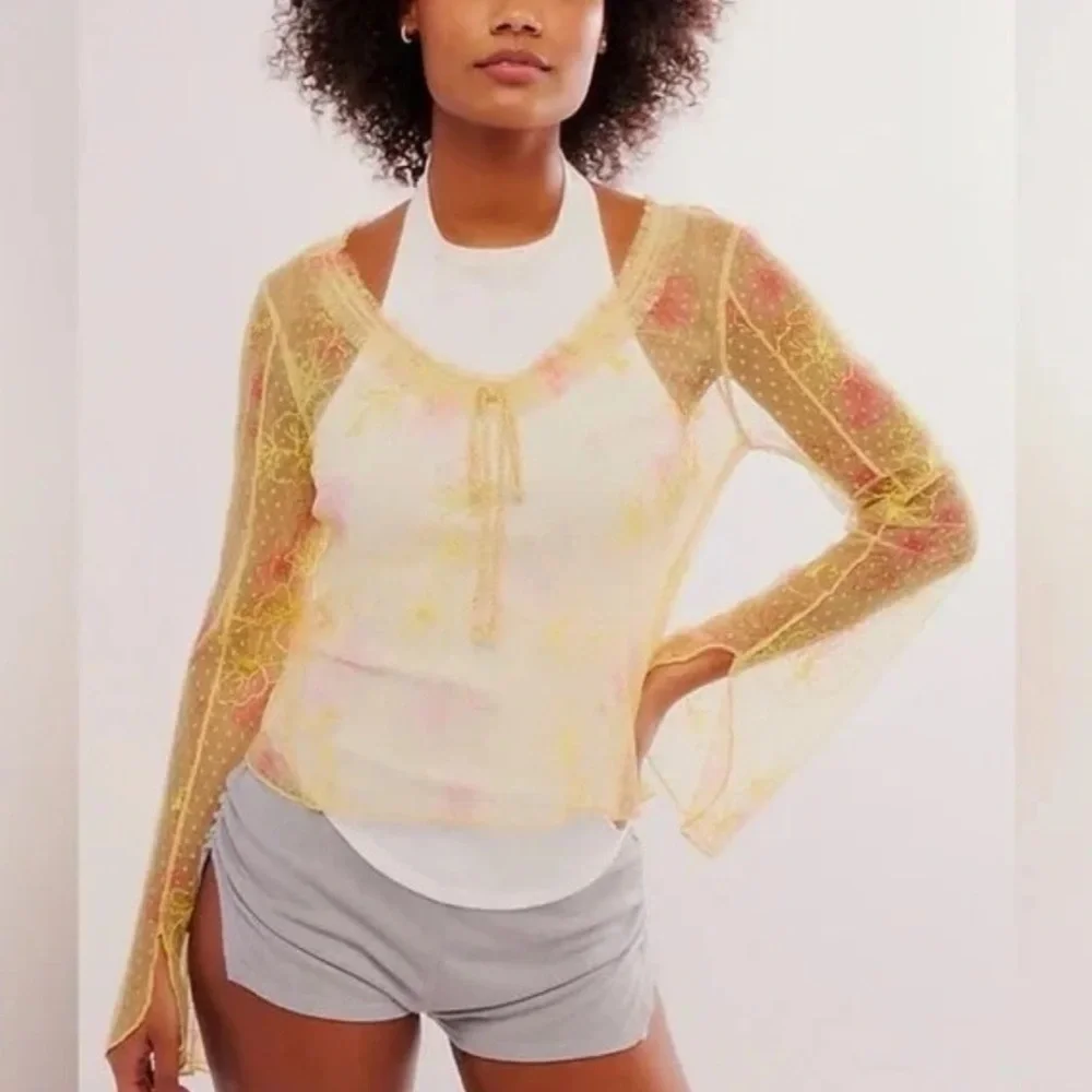 Intimately Free People Yellow Floral Sheer Mesh Top Small - Picture 2 of 8